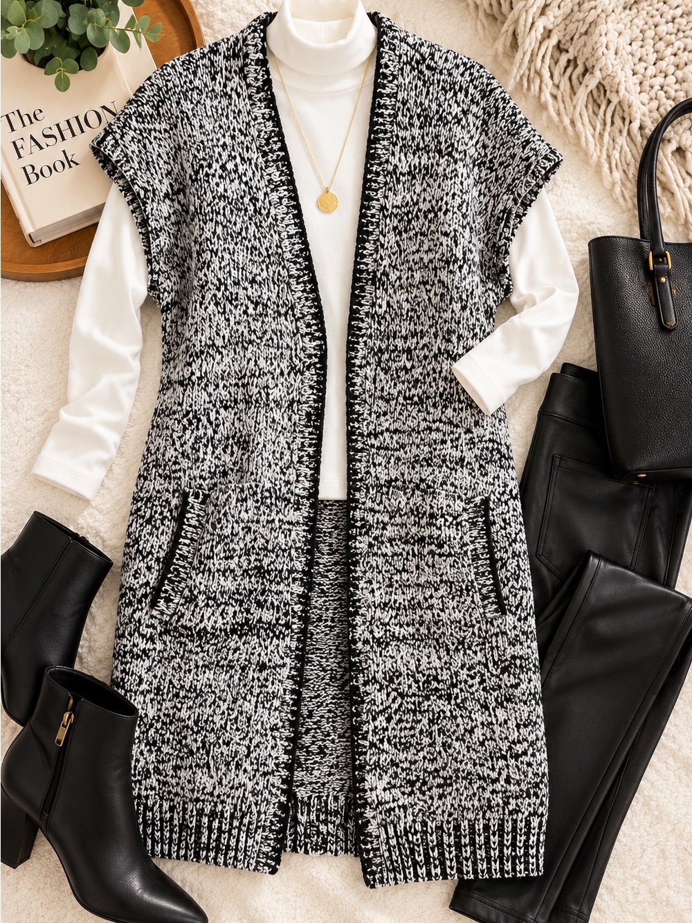 WORTH New York Black White Marled Longline Cardigan Vest M Cotton Blend Duster
